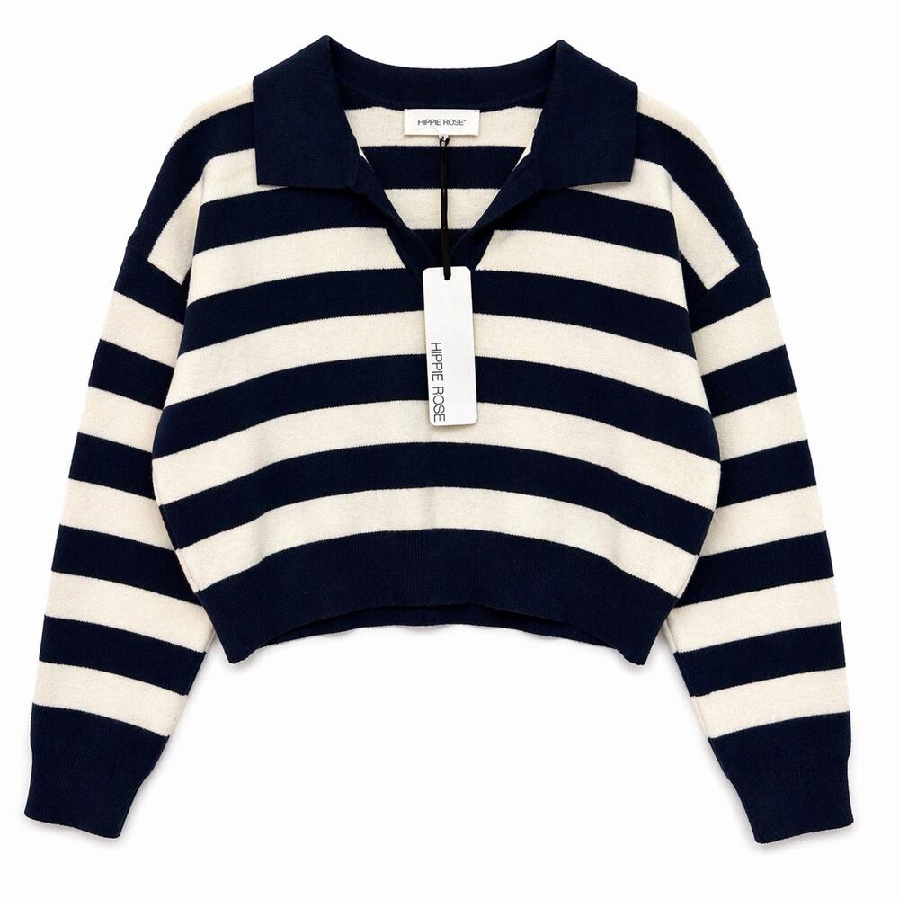 Hippie Rose Striped Cropped Sweater Women’s Navy Ivory Collared Long Sleeve NWT